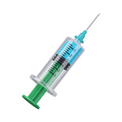 3d icon Medical syringe with blue liquid and green plunger, ready for injection.