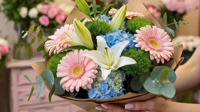 A vibrant, exquisitely arranged floral bouquet captivates with its harmonious blend of colors and textures. Soft pink gerbera daisies, elegant white lilies in various stages of bloom, delicate blue hy