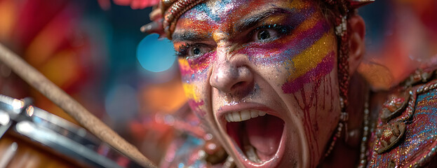 Drummer playing snare drum in colorful costume during carnival parade