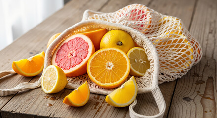 Cut citrus fruits in mesh grocery bag on rustic wooden table