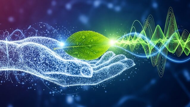Digital hand holds leaf as energy waves emit water droplets cling to its surface in blue purple background