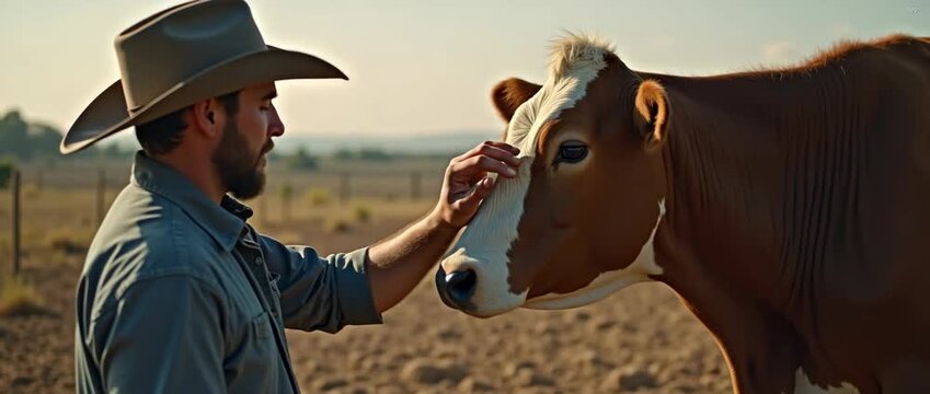 Cowboy gently pats cow in rustic farm setting; camera slowly pans as sunlight flickers through trees, creating a warm, cinematic ambiance perfect for agricultural stock footage.