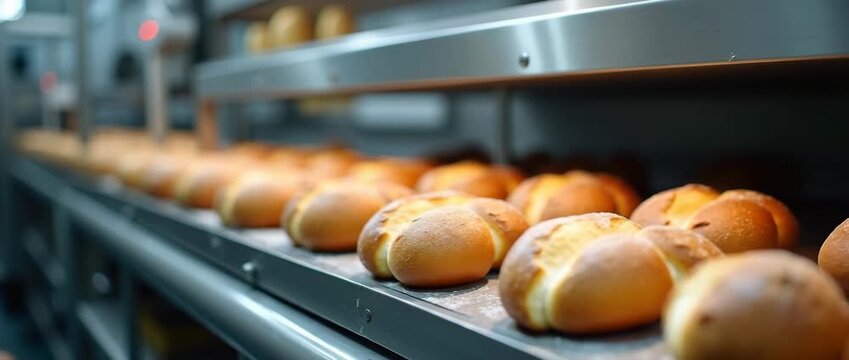 Freshly baked bread rolls move along a conveyor belt in a modern bakery, with a slow pan capturing the rhythmic motion in a cinematic, high-definition style.