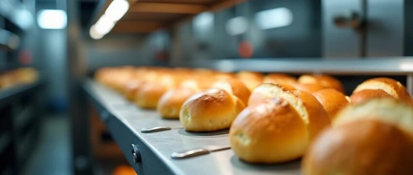 Freshly baked golden bread rolls move along a conveyor belt in a bustling bakery, with a cinematic camera tracking through the warm, aromatic setting, lights flicker gently above.