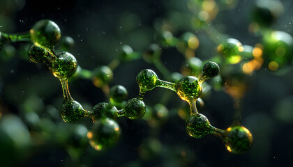Close up shot of green molecule structure on blur background. Green atom model concept for science, research, lab and modern tech innovations. Organic abstract art, energy pattern with bokeh.