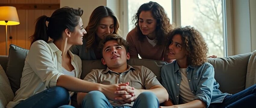 Family bonding on a cozy sofa as sunlight streams through a window, with gentle smiles exchanged; camera slowly pans to capture warm, cinematic ambiance in a relaxed living room setting.