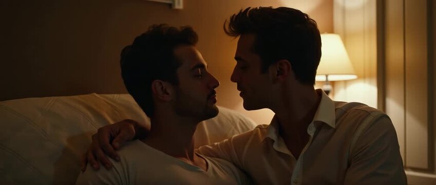 A beautiful gay couple shares a romantic moment indoors, enveloped in soft lighting that reflects intimacy, love, and connection, perfect for lifestyle imagery.