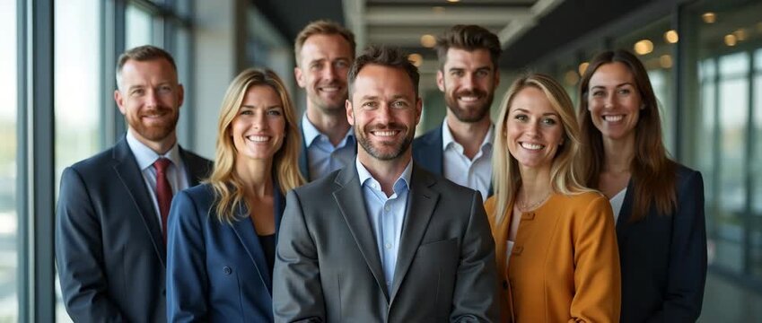 Confident business team poses in a bright, modern office; camera slowly pans to capture their smiles and the ambient light flickers gently, creating a cinematic, professional atmosphere.