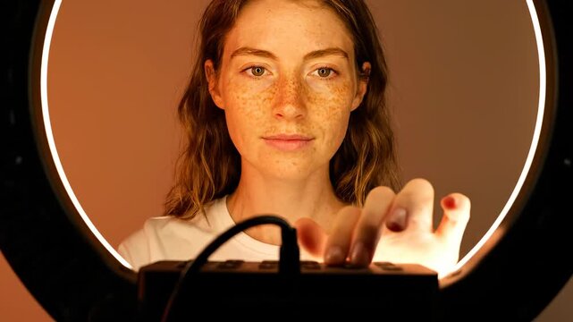 Woman with under eye patches adjusts ring light temperature.