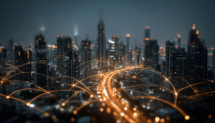 Glowing communication antennas and fiber optic cables transmitting data over a city skyline at night. Futuristic smart city with 5G network infrastructure and global connectivity