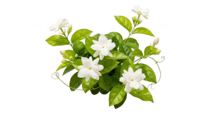 A beautiful cluster of fragrant white jasmine flowers with lush green leaves isolated on transparent background
