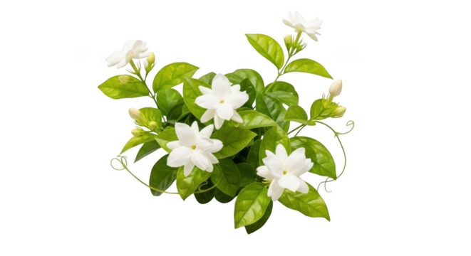A beautiful cluster of fragrant white jasmine flowers with lush green leaves isolated on transparent background - Powered by Adobe