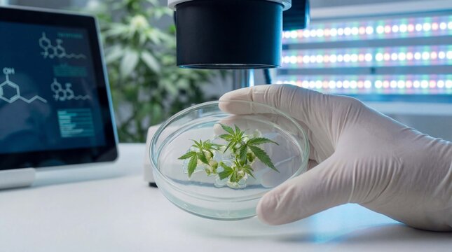 Laboratory scientist examining hemp plant tissue culture sample in petri dish for cannabis biotechnology research and cultivation analysis - Powered by Adobe