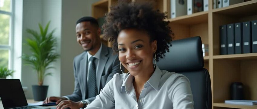 Confident businesswoman smiling at desk in modern office, camera gently panning as natural light flickers through windows, creating a professional, cinematic atmosphere.