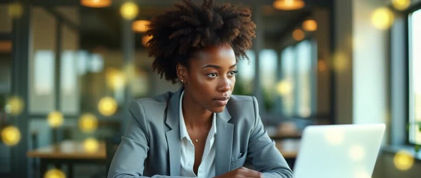 Focused businesswoman types on a laptop in a modern office, as warm lights gently flicker and the camera slowly pans, creating a professional, cinematic ambiance with ample copy space.