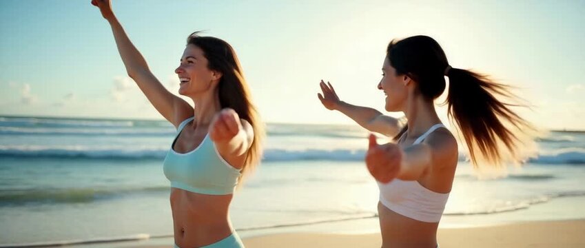 Joyful beach celebration as two women dance under the sun, waves gently rolling in the background, with a cinematic camera tracking their movement, highlighting summer and friendship.
