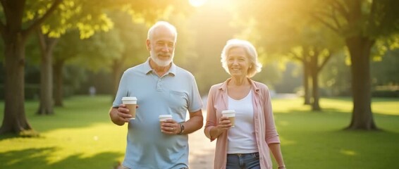 Elderly couple strolls through sunlit park with coffee in hand, as camera gently pans across serene greenery, capturing a cinematic scene of leisure, connection, and vitality.