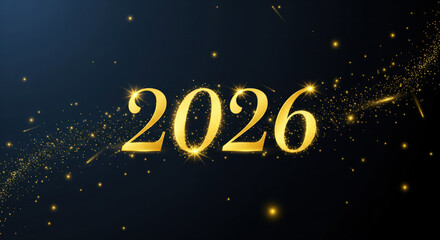 dark navy new year 2026 background with glowing gold particles