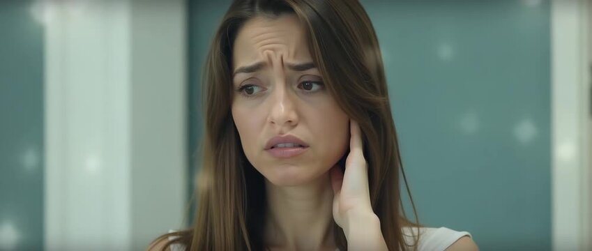 A concerned woman gently touches her neck while standing still; the camera slowly pans, capturing her thoughtful expression in a cinematic style, as soft ambient lighting flickers subtly.