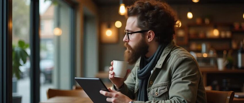 A hipster man enjoys his coffee while engaged with a tablet computer inside a cozy cafe, complemented by a minimal background for effective copy space.