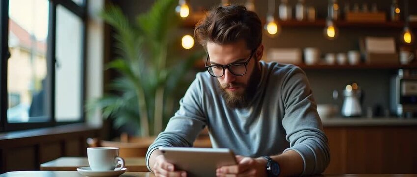 A hipster man enjoys his coffee while engaged with a tablet computer inside a cozy cafe, complemented by a minimal background for effective copy space.