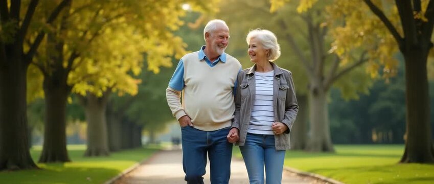 Elderly couple strolls joyfully through a serene park, with gentle autumn leaves swaying and a slow camera pan capturing the cinematic ambiance of golden afternoon light.
