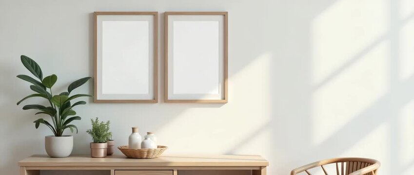 Minimalist interior with potted plants and framed art, as sunlight casts shadows, while the camera gently pans across the serene space, creating a calm, cinematic ambiance.