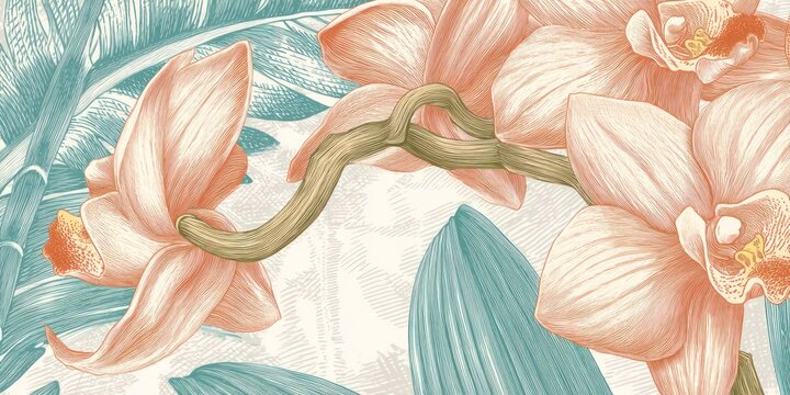 Floral illustration featuring orchids and foliage with watercolor effect design