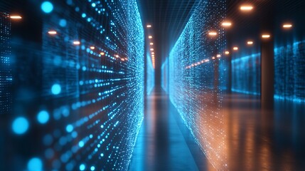 Data center corridor with glowing blue lights and server racks showcasing modern technology and digital infrastructure for cloud computing solutions