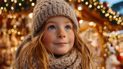hermosa niña en un merado navideño europeo viendo con asombro las luces del arbol de navidad