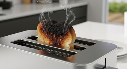 Burnt toast slice smoking inside modern stainless steel toaster