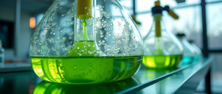 Laboratory beakers with bubbling green liquid, captured in cinematic style, as the camera slowly pans across a modern lab setting, with ambient light flickering gently in the background.