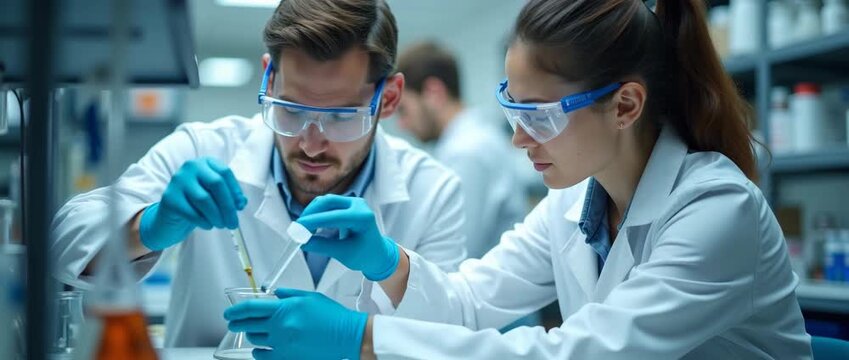 Scientists in a laboratory carefully conduct experiments, with gentle ambient light flickering and a slow pan capturing their focused expressions, in a cinematic and professional setting.