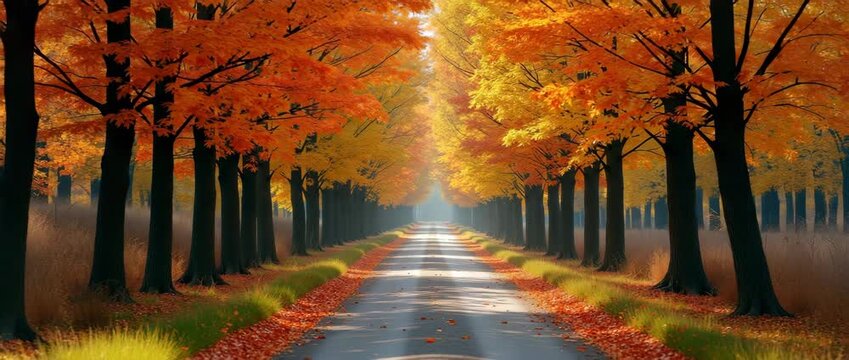 Autumn leaves gently sway in a vibrant forest path, as the camera slowly tracks along the tree-lined avenue, capturing the cinematic beauty of the fall landscape.