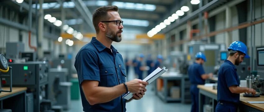 Industrial engineer reviews plans in a bustling factory, workers efficiently operate machinery; the camera gently pans, capturing the dynamic workflow in a cinematic, vibrant style.