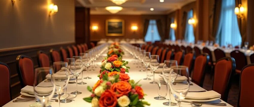 Elegant banquet hall with a beautifully set table; slow camera pan reveals exquisite floral arrangements, flickering candlelight, and ambient dining room warmth; cinematic style.