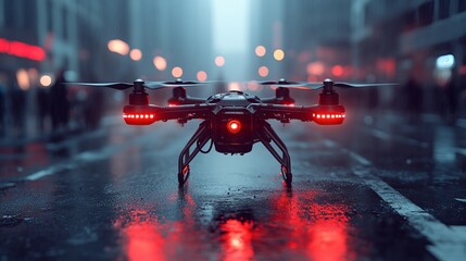 Futuristic drone with glowing red lights on a wet city street at night reflecting the city lights in a cyberpunk setting for modern technology