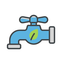 Fototapeta premium Blue Water Faucet With Green Leaf Symbol Indicating Water Conservation And Eco Friendly Concept Flat Vector Art Minimalist Clean Sticker On Black Background