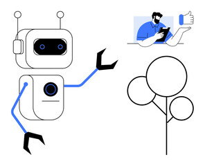Artificial intelligence, robotics, human-machine interaction, digital communication, futuristic technology, nature balance. A robot with a human in conversation and abstract trees. Artificial