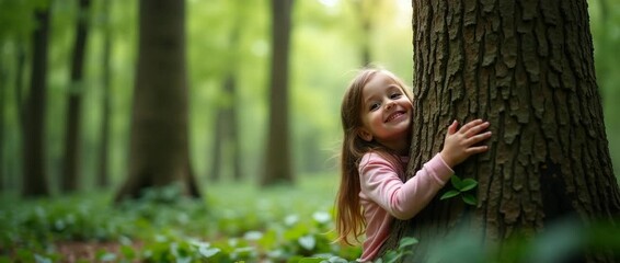 A girl embraces the bark of a tree in a serene forest setting, symbolizing a deep connection with nature and promoting environmental conservation, surrounded by lush green foliage and ample copy space
