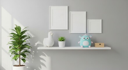 Modern home decor shelf with framed art and decorative objects sunlight accents