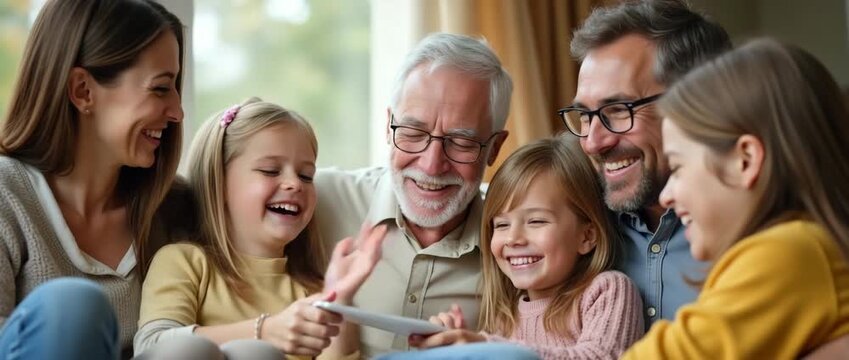 Happy multigenerational family shares joyful moments in a cozy living room, as the camera gently pans, capturing candid laughter and warm interactions in a cinematic, heartwarming style.