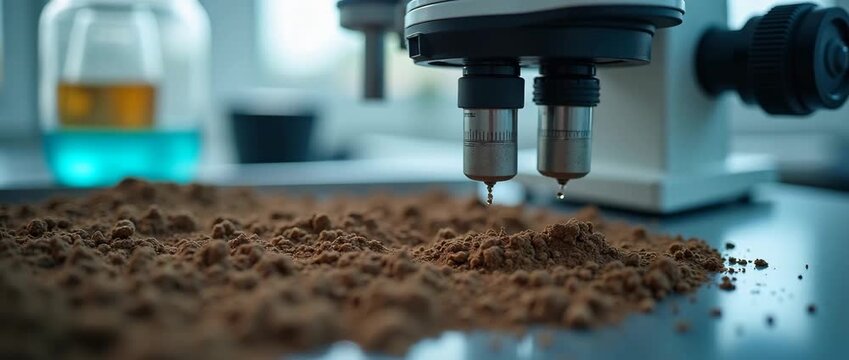 A close-up of scientific equipment in a geology research laboratory, depicting sample analysis of soil and dirt, using negative space to emphasize tools.
