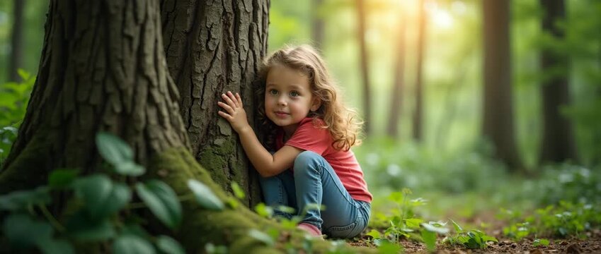 A girl embraces the bark of a tree in a serene forest setting, symbolizing a deep connection with nature and promoting environmental conservation, surrounded by lush green foliage and ample copy space