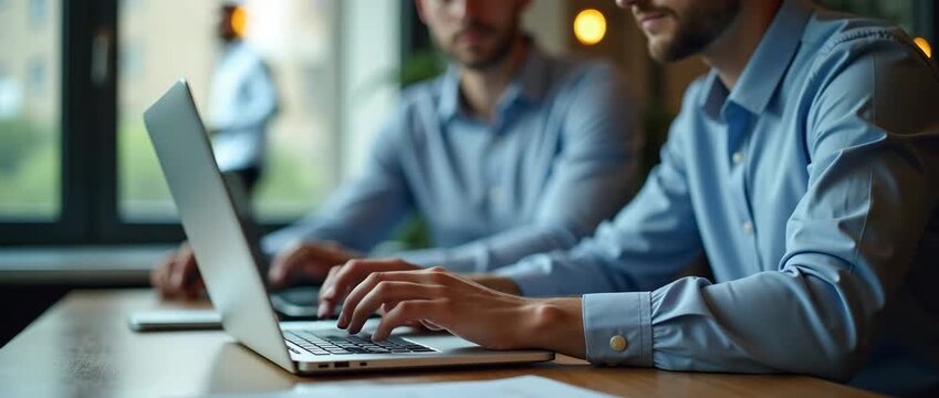 Business professionals typing on laptops in a modern office, with a slow panning camera capturing ambient light flicker and soft focus for a cinematic, collaborative workspace feel.