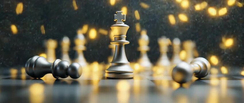Cinematic chessboard scene with metallic pieces; slow camera pan reveals strategic arrangement as subtle light flickers, emphasizing the king's dominance in a dramatic atmosphere.