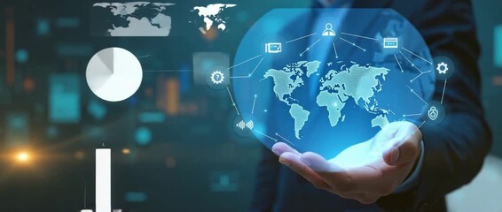 Business professional holds digital world map hologram, camera gently pans, ambient lights flicker, cinematic style; global network, technology innovation, futuristic interface. - Powered by Adobe