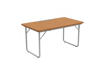 Simple wooden folding table with metal legs isolated on transparent background