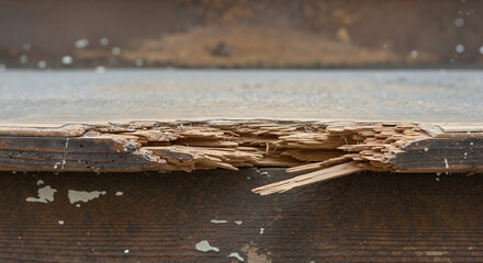Broken wooden step with splintered edge in close-up view