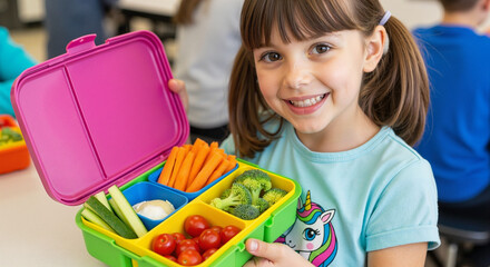 Smiling girl holding open lunchbox with fresh vegetables indoors